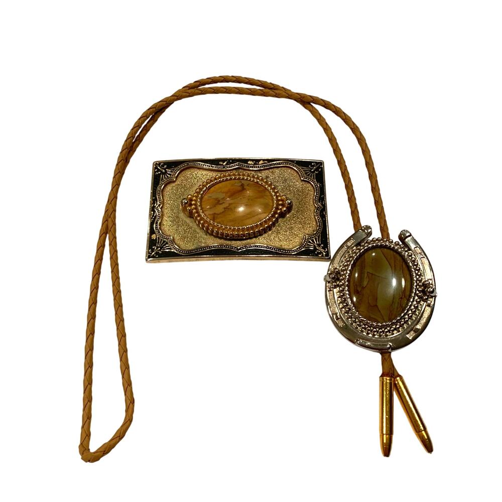 Unisex Southwestern-Style Horseshoe Bolo Tie and Belt Buckle Jasper Stones
